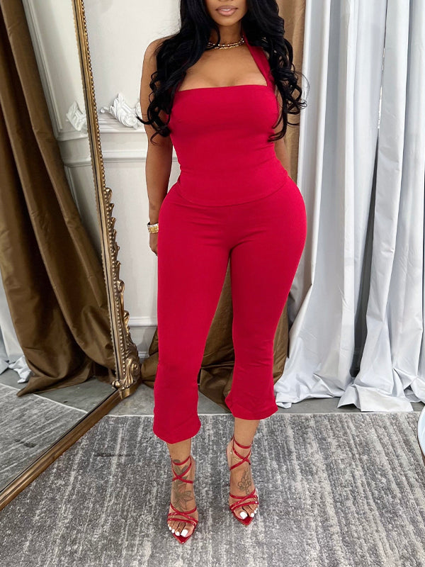 Solid Halter Capri Pants Set Red