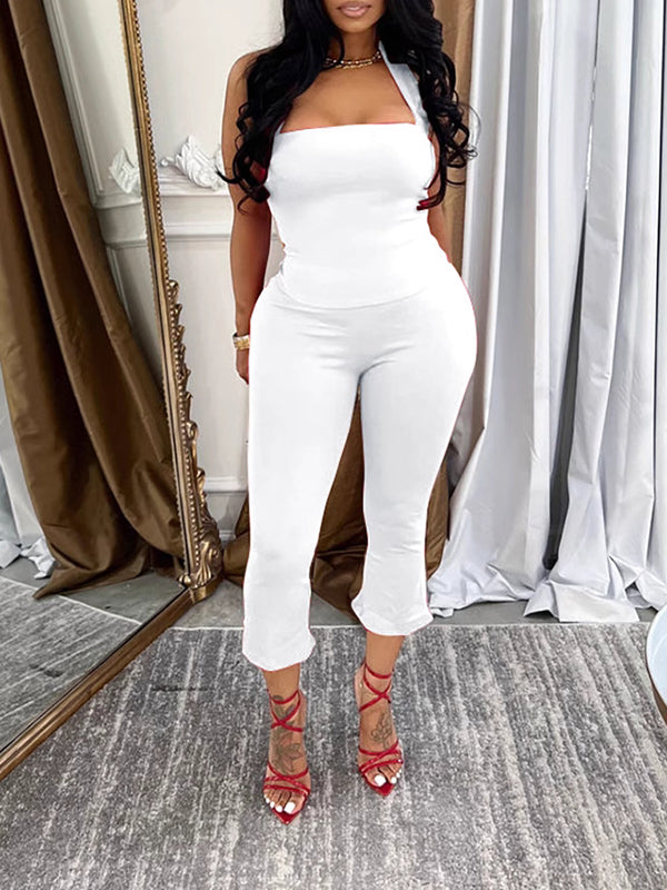 Solid Halter Capri Pants Set White