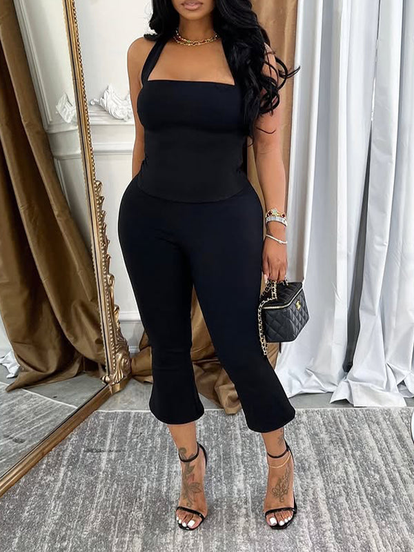 Solid Halter Capri Pants Set Black