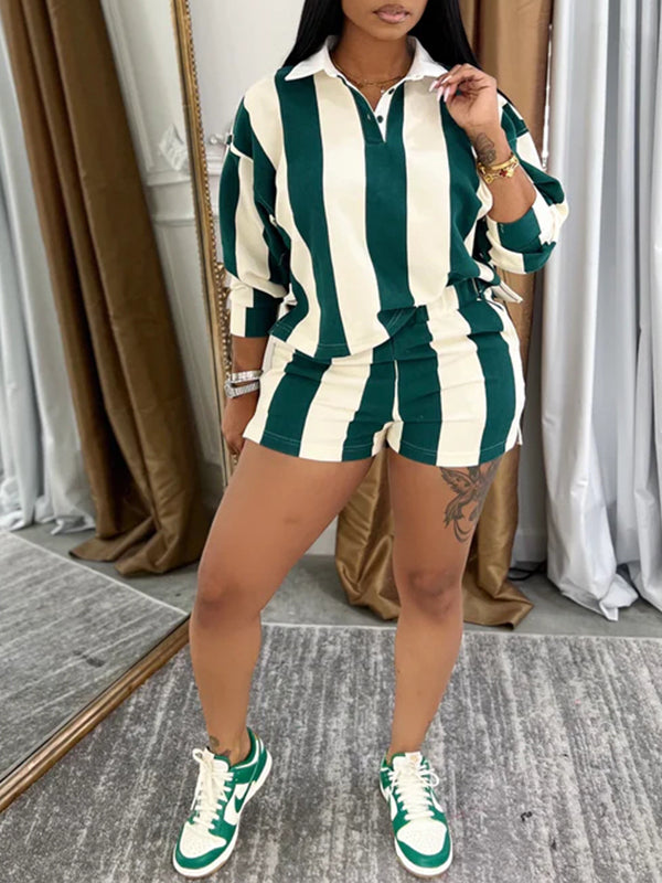 Stripe Polo Tee & Shorts Set Green