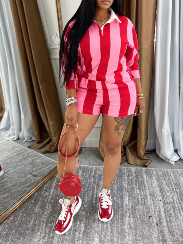 Stripe Polo Tee & Shorts Set Red