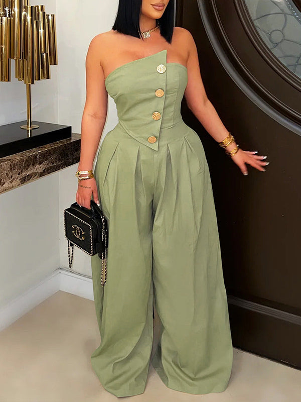 Strapless Button Wide-Leg Jumpsuit--Clearance