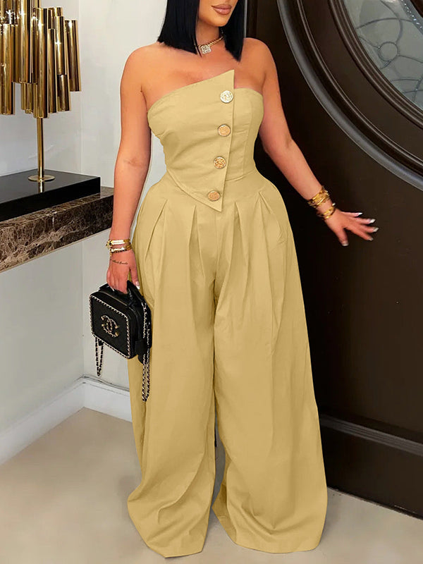Strapless Button Wide-Leg Jumpsuit--Clearance