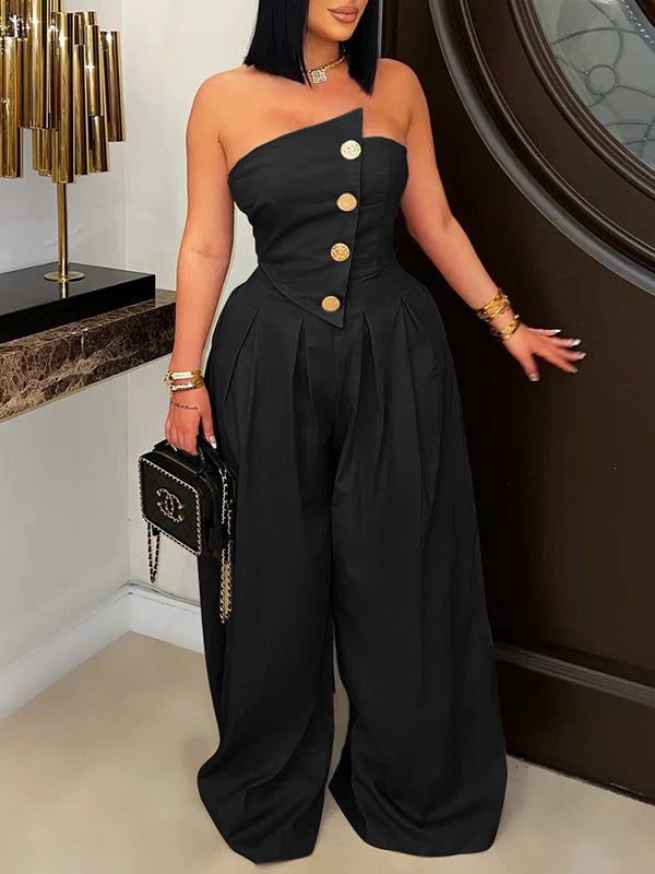 Strapless Button Wide-Leg Jumpsuit--Clearance