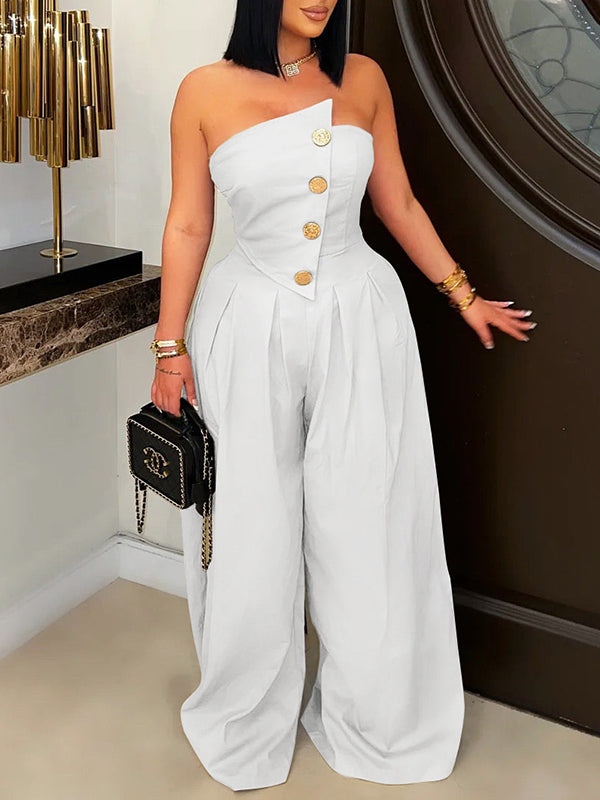 Strapless Button Wide-Leg Jumpsuit--Clearance White 2XL