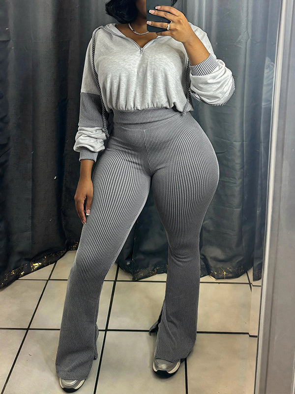 Ribbed Combo Hoodie & Flared Pants Set