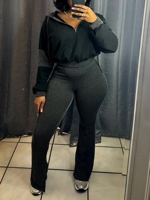 Ribbed Combo Hoodie & Flared Pants Set