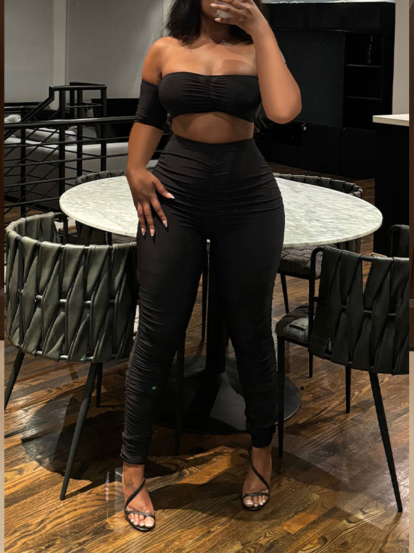 Ruched Bandeau Top & Pants Set Black