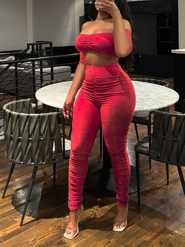 Ruched Bandeau Top & Pants Set Red