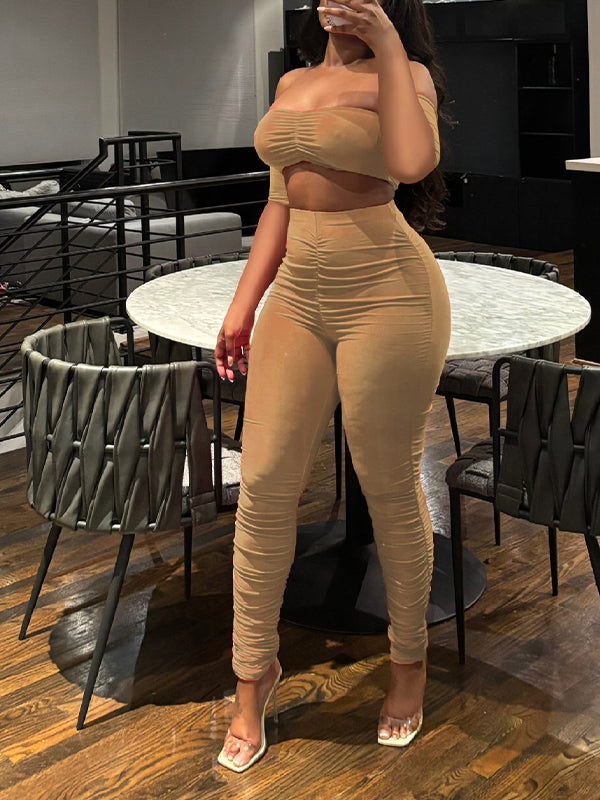 Ruched Bandeau Top & Pants Set Khaki