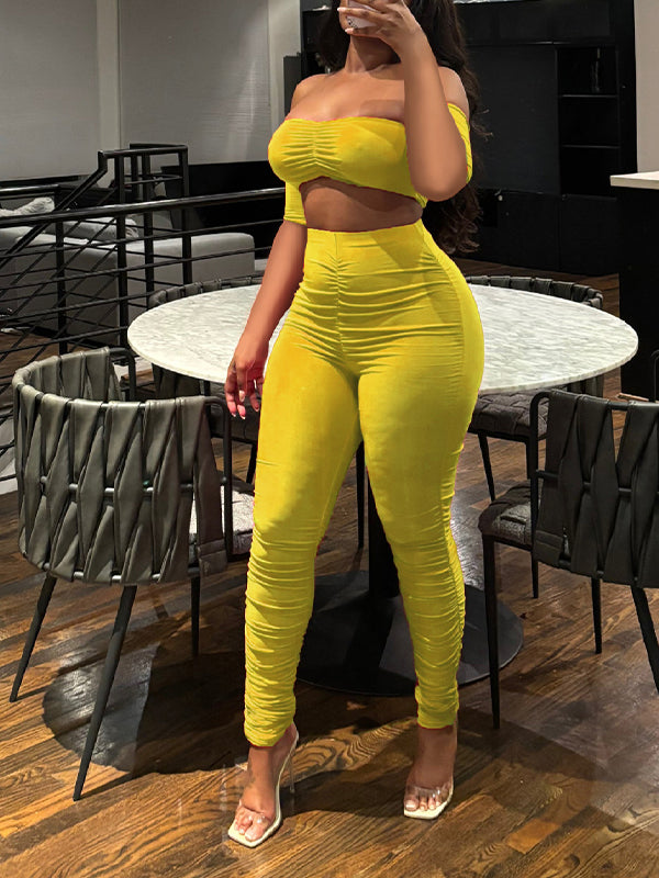 Ruched Bandeau Top & Pants Set Yellow