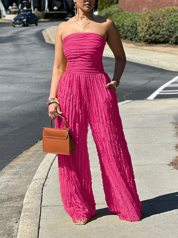 Ruched Strapless Jumpsuit Hot Pink