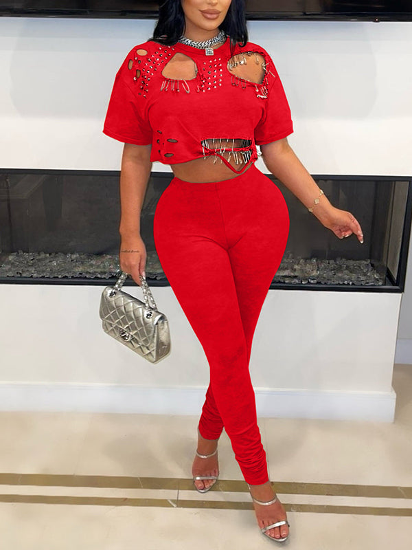 Ripped Tee & Pants Set Red