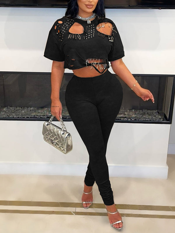 Ripped Tee & Pants Set Black