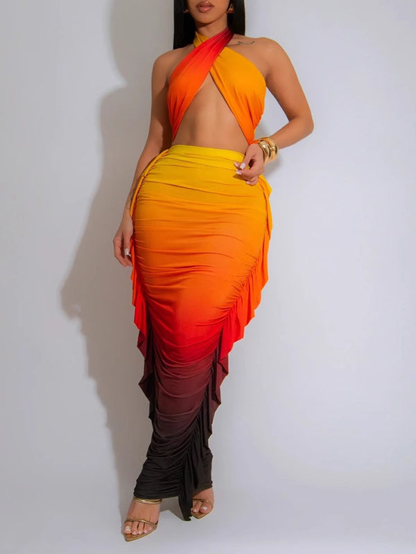 Ombre Halter Top & Fringe Skirt Set Orange