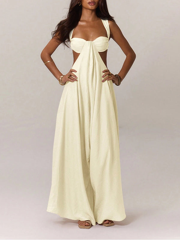 Solid Sleeveless Wide-Leg Jumpsuit Cream