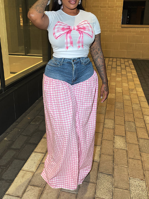 Bowknot Tee & Combo Pants Set Pink