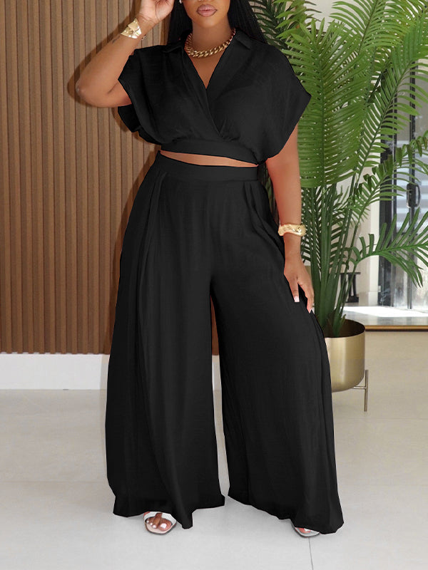 V-Neck Shirt & Wide-Leg Pants Set--Clearance Black XL
