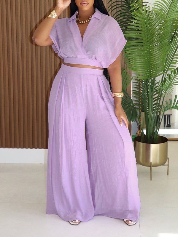 V-Neck Shirt & Wide-Leg Pants Set Purple