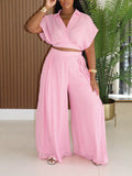 V-Neck Shirt & Wide-Leg Pants Set Pink