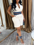 Denim Combo Stripe Vest & Shorts Set--Clearance White S