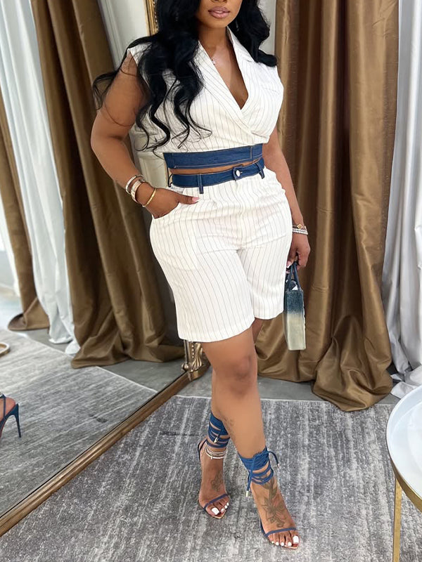 Denim Combo Stripe Vest & Shorts Set--Clearance White S