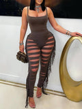 Solid Bodysuit & Ripped Fringe Pants Set Brown
