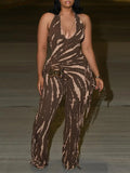 Printed Fringe Halter Jumpsuit Brown