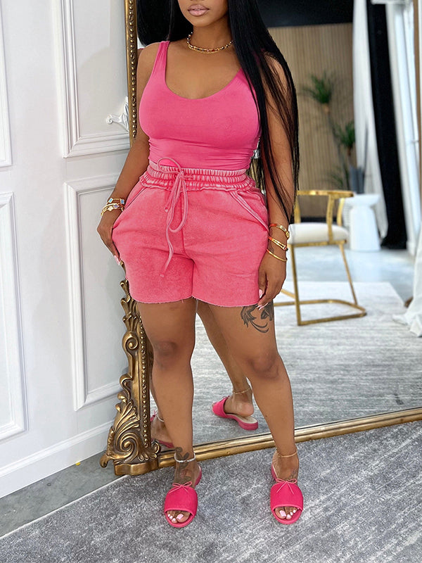 Tank Top & Washed Shorts Set Hot Pink