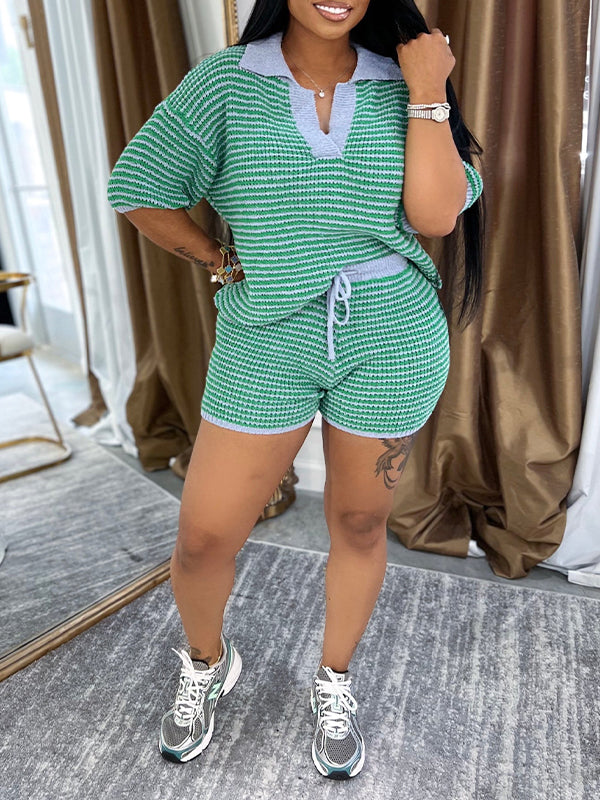 Stripe Knit Polo Tee & Shorts Set Green