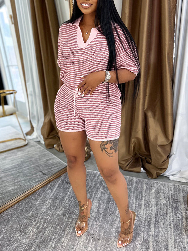 Stripe Knit Polo Tee & Shorts Set Pink