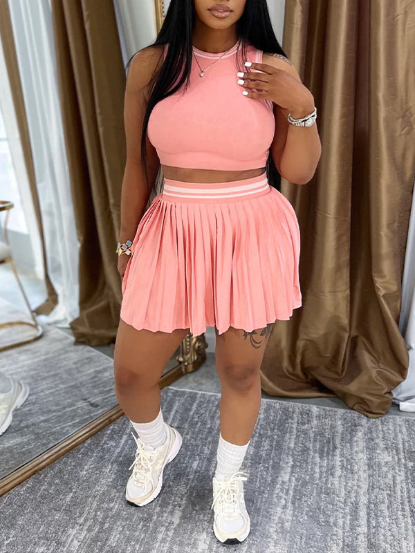 Piping Tank Top & Pleated Skirt Set Pink