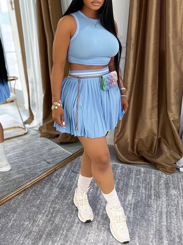 Piping Tank Top & Pleated Skirt Set Blue