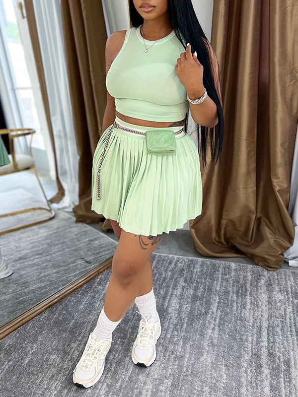 Piping Tank Top & Pleated Skirt Set Green