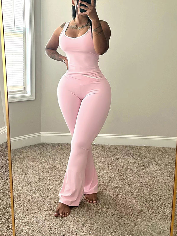 Piping Tank Top & Pants Set Pink
