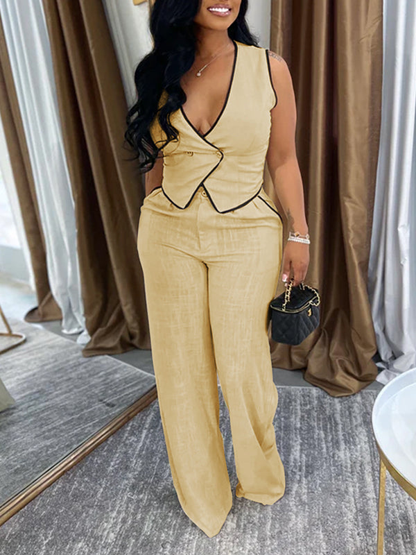 Piping Vest & Pants Set Khaki