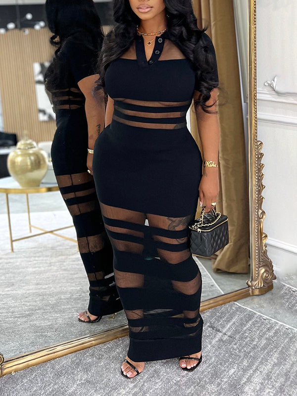 Sheer Combo Polo Dress Black