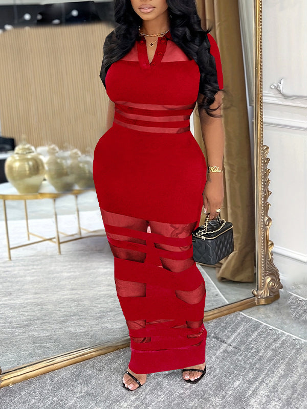 Sheer Combo Polo Dress Red