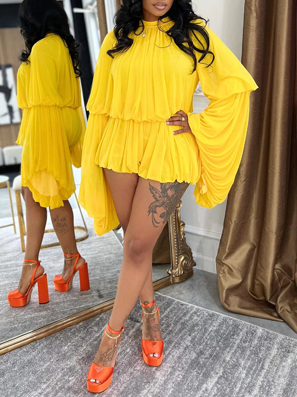 Bell-Sleeve Ruched Romper--Clearance Yellow 2XL