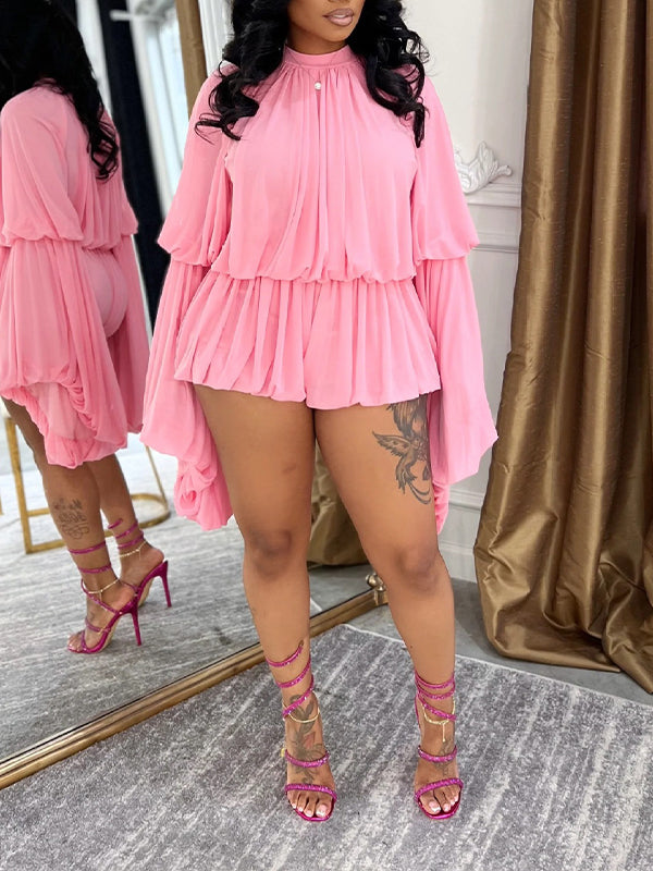 Bell-Sleeve Ruched Romper Pink