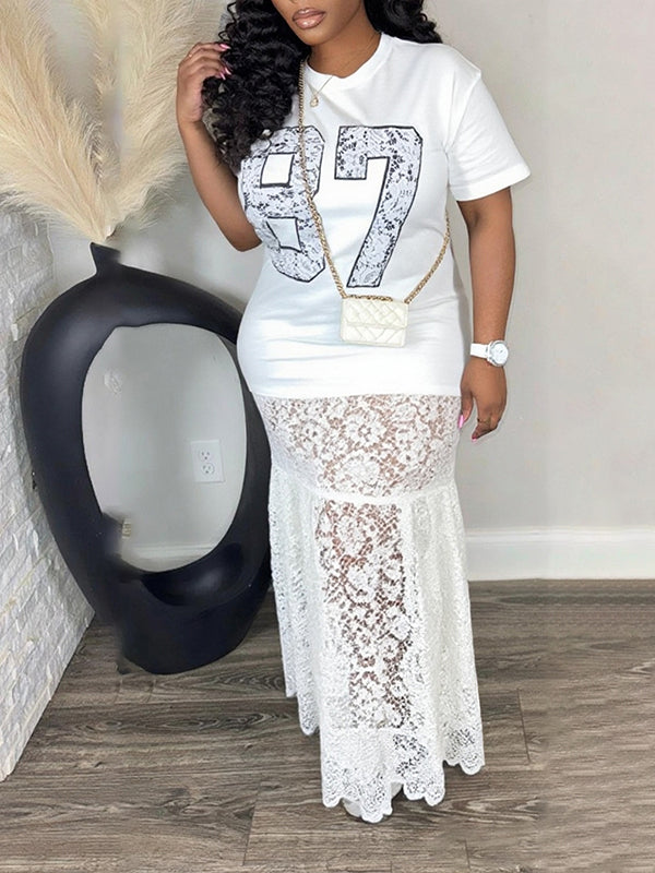 Lace Combo Printed Dress White