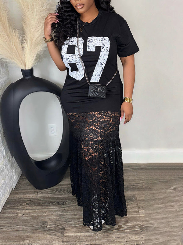 Lace Combo Printed Dress Black