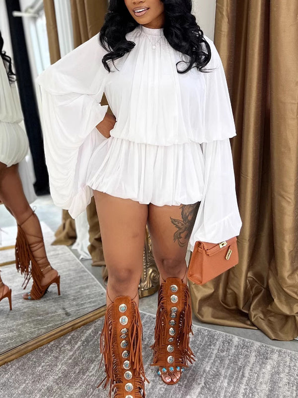 Bell-Sleeve Ruched Top & Shorts Set White