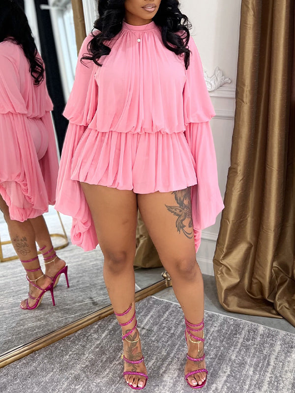 Bell-Sleeve Ruched Top & Shorts Set Pink