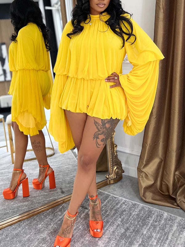 Bell-Sleeve Ruched Top & Shorts Set Yellow