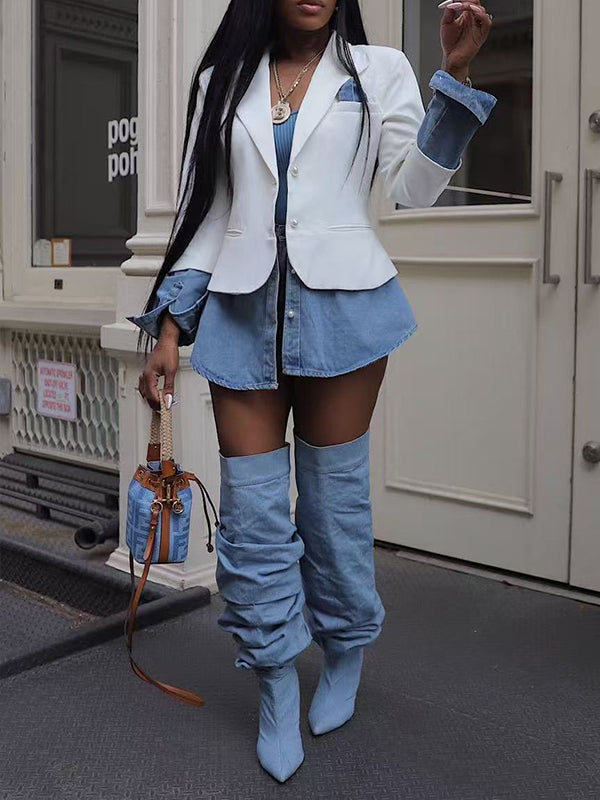 Denim Combo Blazer White