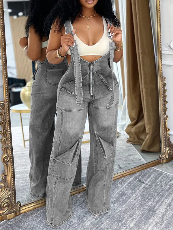 Zip Denim Overalls Gray