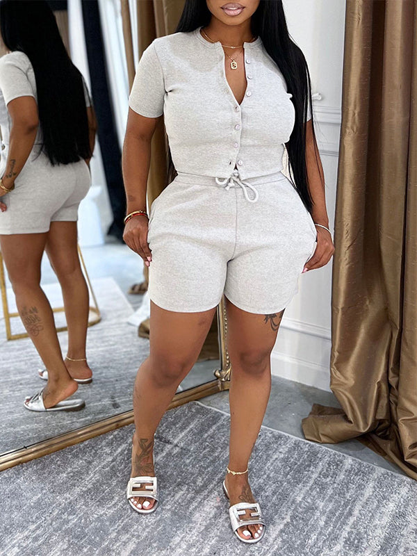 Solid Button-Front Top & Shorts Set Light Gray