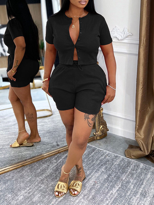 Solid Button-Front Top & Shorts Set Black