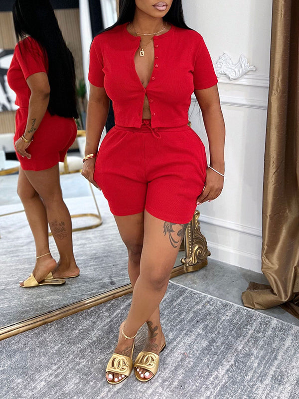 Solid Button-Front Top & Shorts Set Red